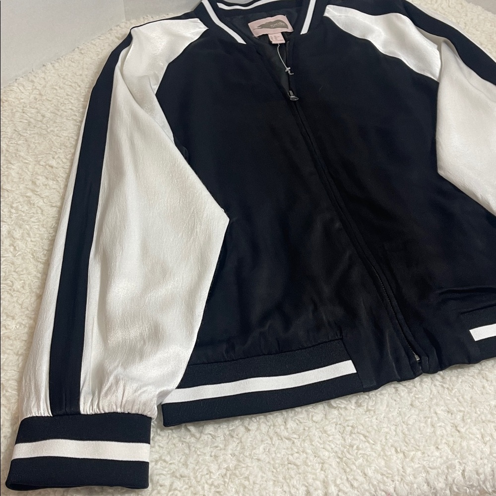 Forever 21 Satin Varsity Bomber Jacket Color Black Ivory Size M - Picture 5 of 16